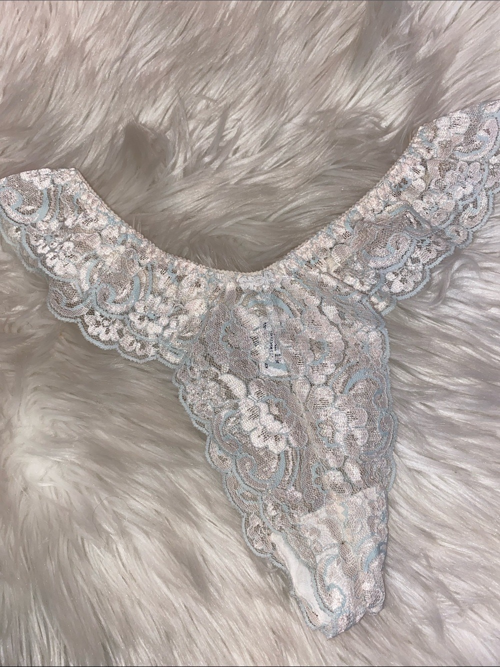 Christian Dior vintage Lace Thong Panty in Ivory with Pale Blue Trim